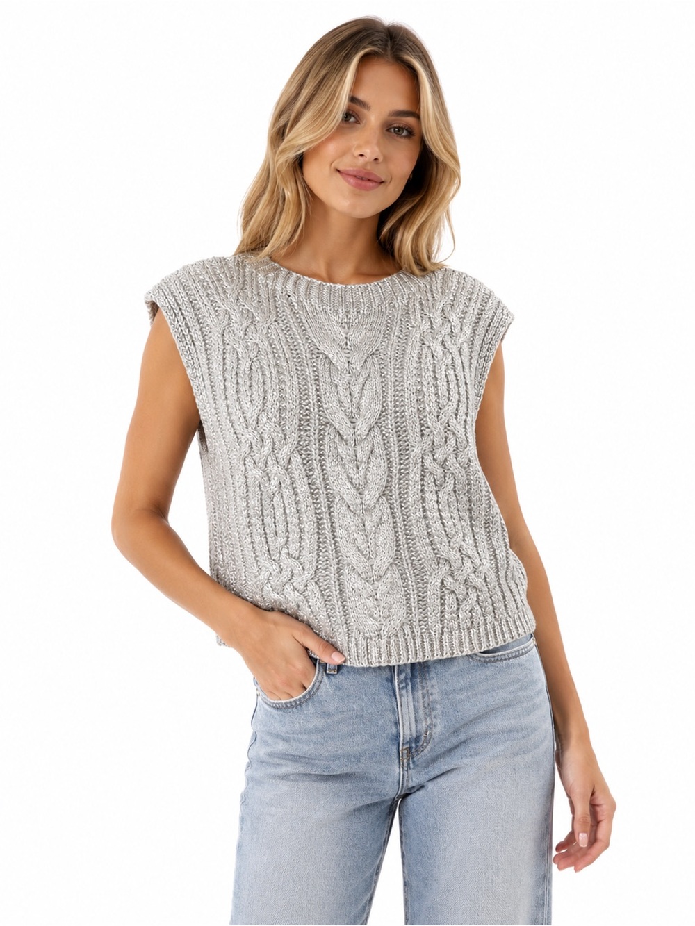 DKNY Jeans Metallic Cable Knit Sweater Vest XL Ivory Silver NWT